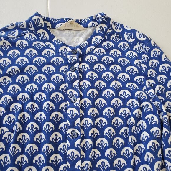 Boden Dress Womens 4 Blue White Button Front Long Sleeve A-Line Scallop Print - Picture 5 of 12